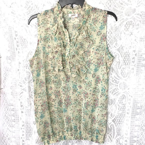 Grane Floral Tank Top L Purple Aqua Blue Creme Tan Semi Sheer Stretch Ruffle - Picture 9 of 9